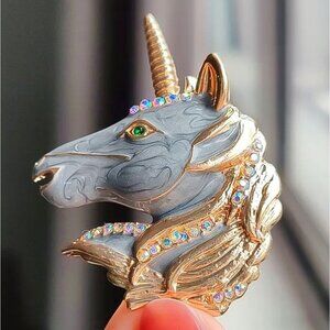 Enamel Gray Unicorn Brooch Pin Rhinestone Gold Tone Iridescent crystals